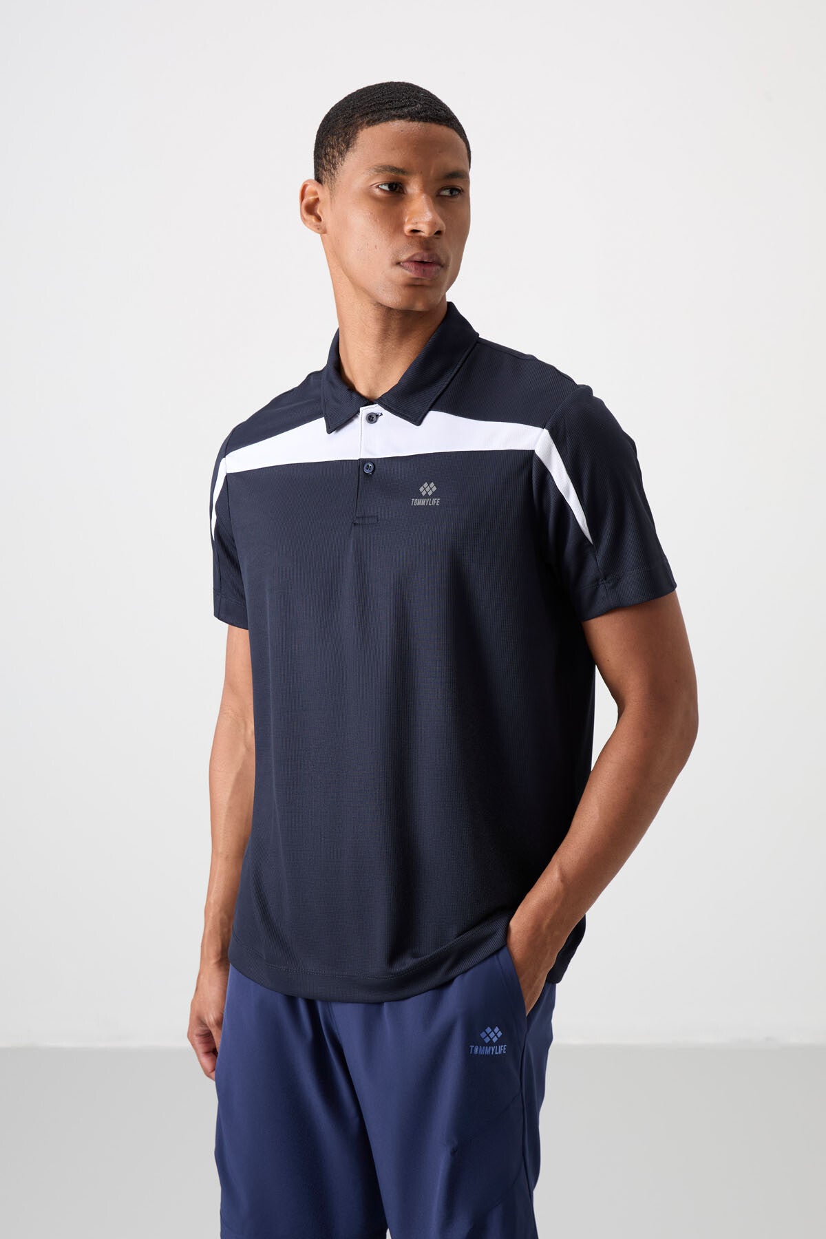 Navy Blue Polyester Breathable Textured Thin Flexible Standard Fit Polo Collar Men's Performance T-Shirt - 88392