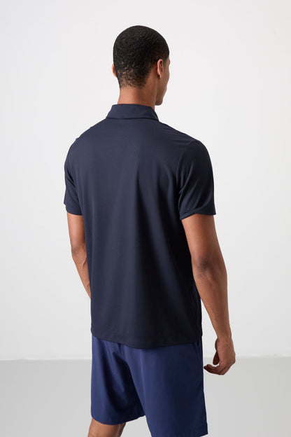 Navy Blue Polyester Breathable Textured Thin Flexible Standard Fit Polo Collar Men's Performance T-Shirt - 88392