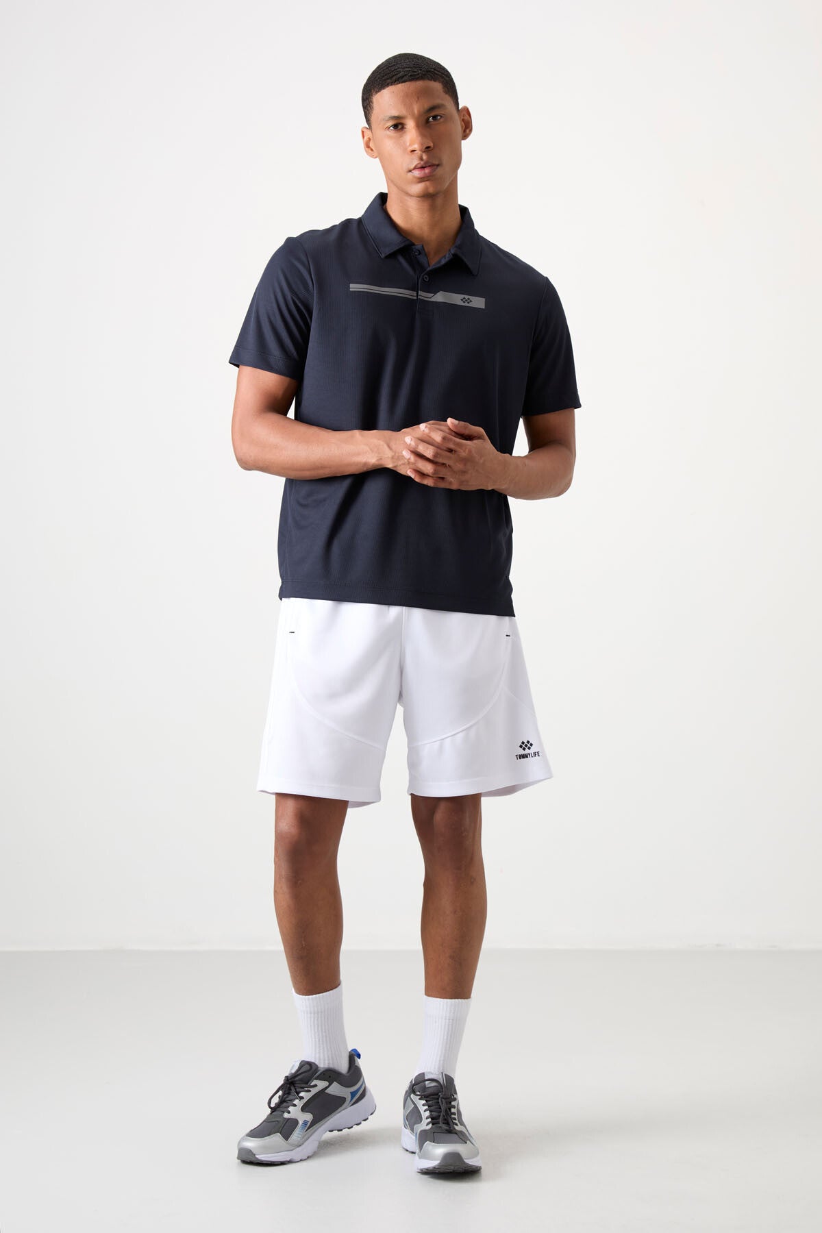 Navy Blue Polyester Breathable Textured Thin Flexible Standard Fit Polo Collar Men's Performance T-Shirt - 88393