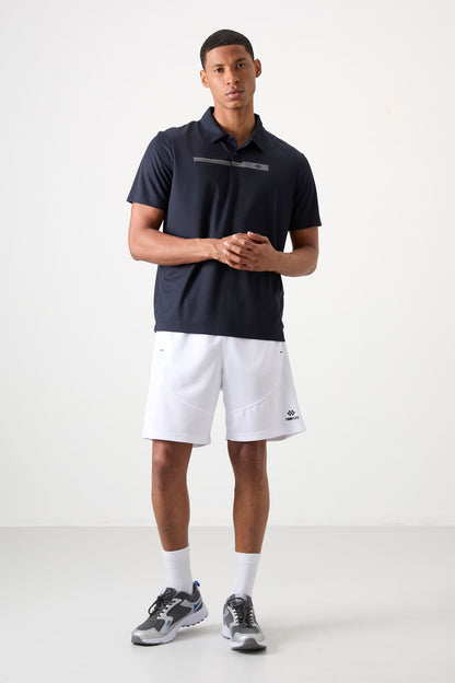 Navy Blue Polyester Breathable Textured Thin Flexible Standard Fit Polo Collar Men's Performance T-Shirt - 88393