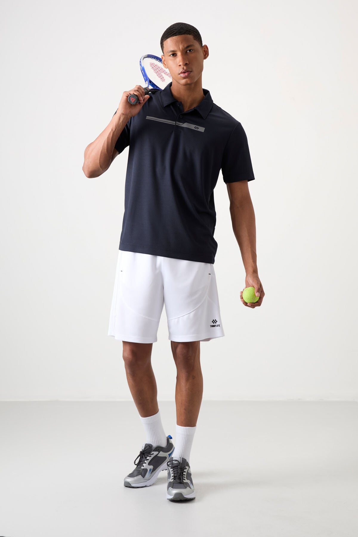 Navy Blue Polyester Breathable Textured Thin Flexible Standard Fit Polo Collar Men's Performance T-Shirt - 88393