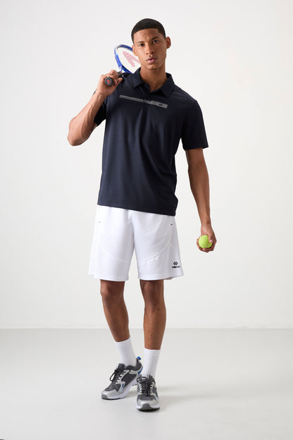 Navy Blue Polyester Breathable Textured Thin Flexible Standard Fit Polo Collar Men's Performance T-Shirt - 88393
