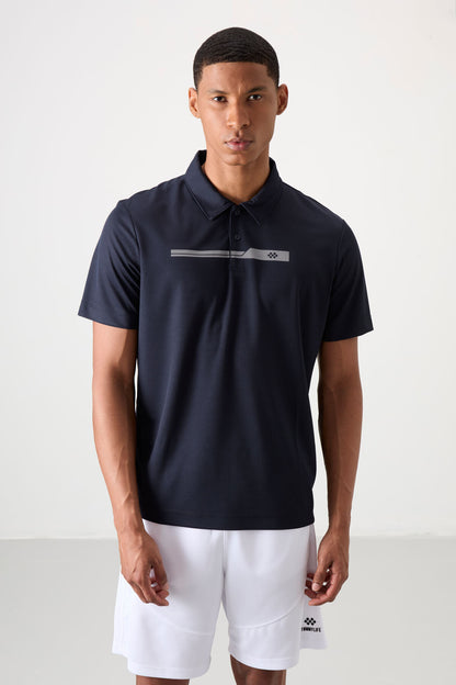 Navy Blue Polyester Breathable Textured Thin Flexible Standard Fit Polo Collar Men's Performance T-Shirt - 88393