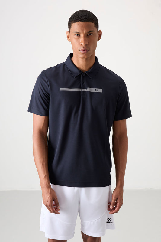 Navy Blue Polyester Breathable Textured Thin Flexible Standard Fit Polo Collar Men's Performance T-Shirt - 88393