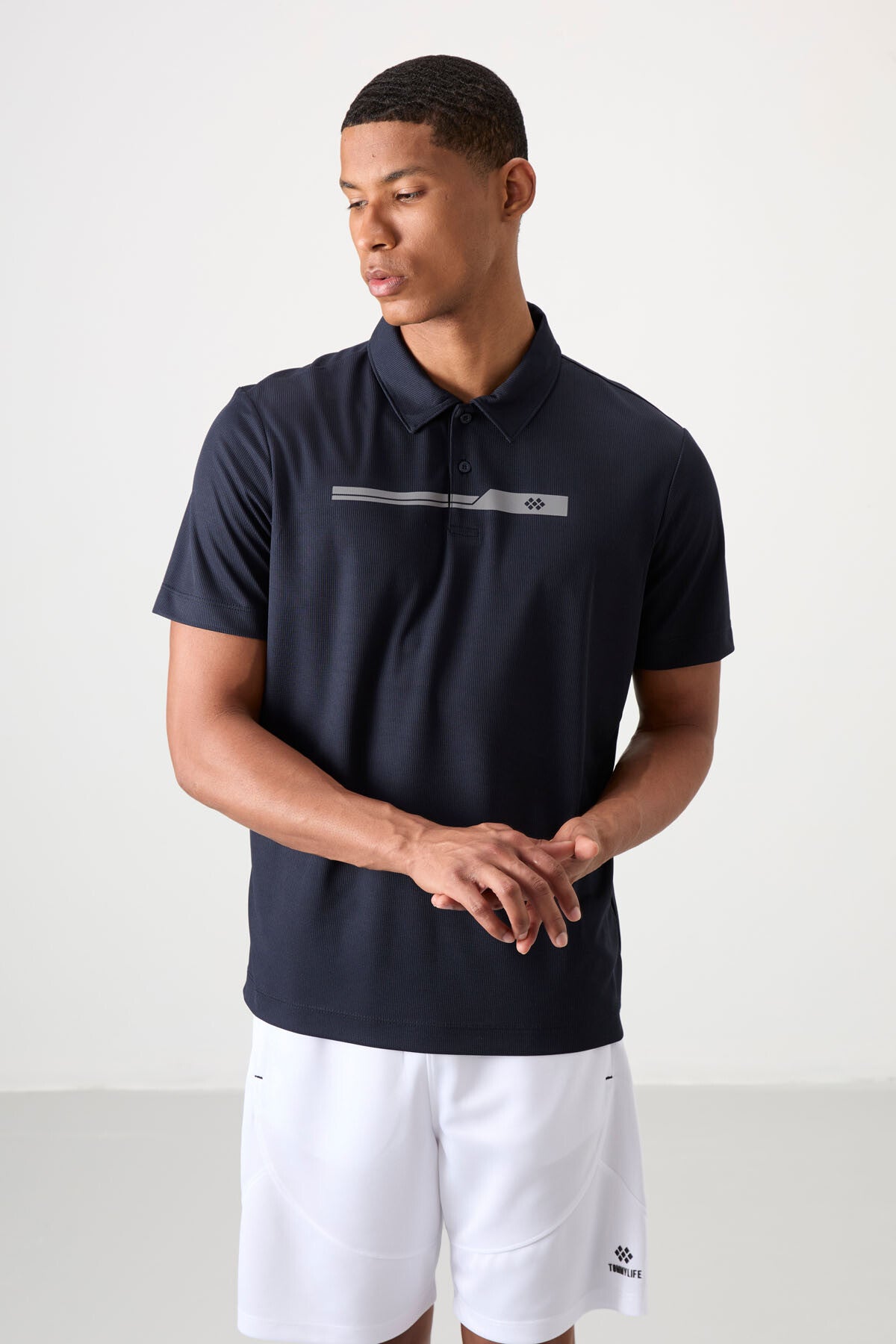 Navy Blue Polyester Breathable Textured Thin Flexible Standard Fit Polo Collar Men's Performance T-Shirt - 88393
