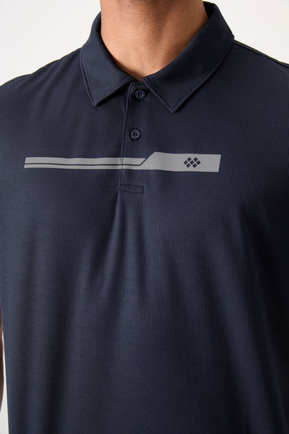Navy Blue Polyester Breathable Textured Thin Flexible Standard Fit Polo Collar Men's Performance T-Shirt - 88393