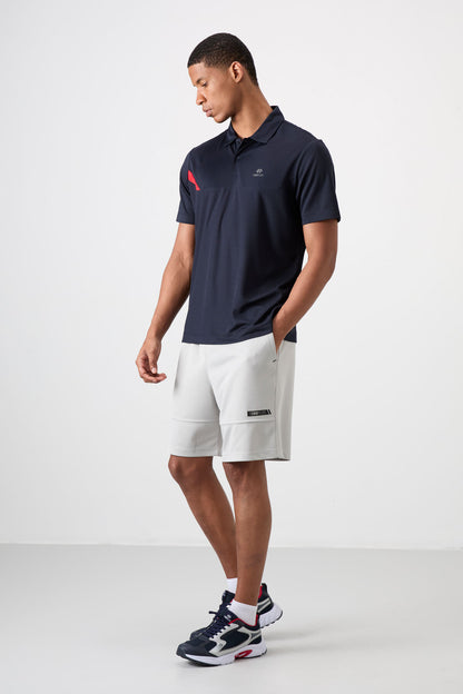 Navy Blue Polyester Breathable Textured Thin Flexible Standard Fit Polo Collar Men's Performance T-Shirt - 88402