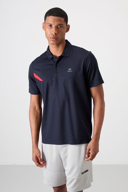 Navy Blue Polyester Breathable Textured Thin Flexible Standard Fit Polo Collar Men's Performance T-Shirt - 88402
