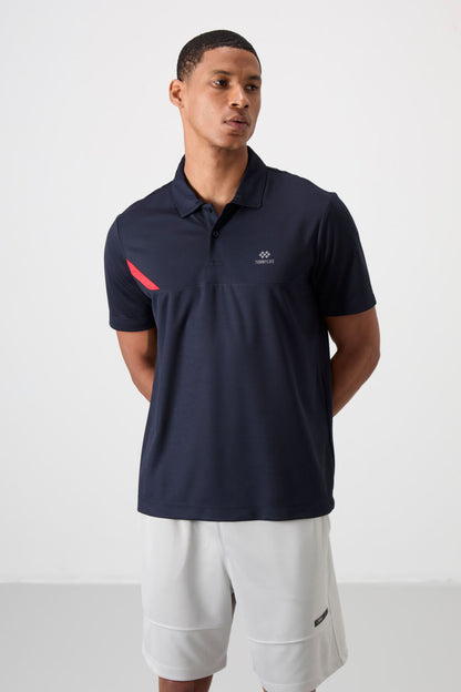Navy Blue Polyester Breathable Textured Thin Flexible Standard Fit Polo Collar Men's Performance T-Shirt - 88402