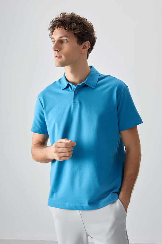 Blue Cotton Thick Soft Textured Polo Collar Oversize Fit Basic Men's T-Shirt - 88381