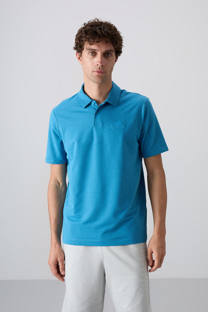 Petrol Blue Cotton Thick Soft Textured Standard Fit Basic Polo Collar Men's T-Shirt - 88348