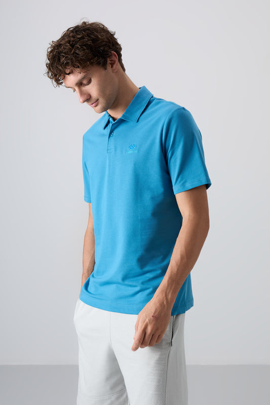 Petrol Blue Cotton Thick Soft Textured Standard Fit Basic Polo Collar Men's T-Shirt - 88348