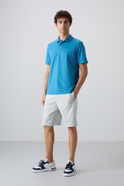 Petrol Blue Cotton Thick Soft Textured Standard Fit Basic Polo Collar Men's T-Shirt - 88348