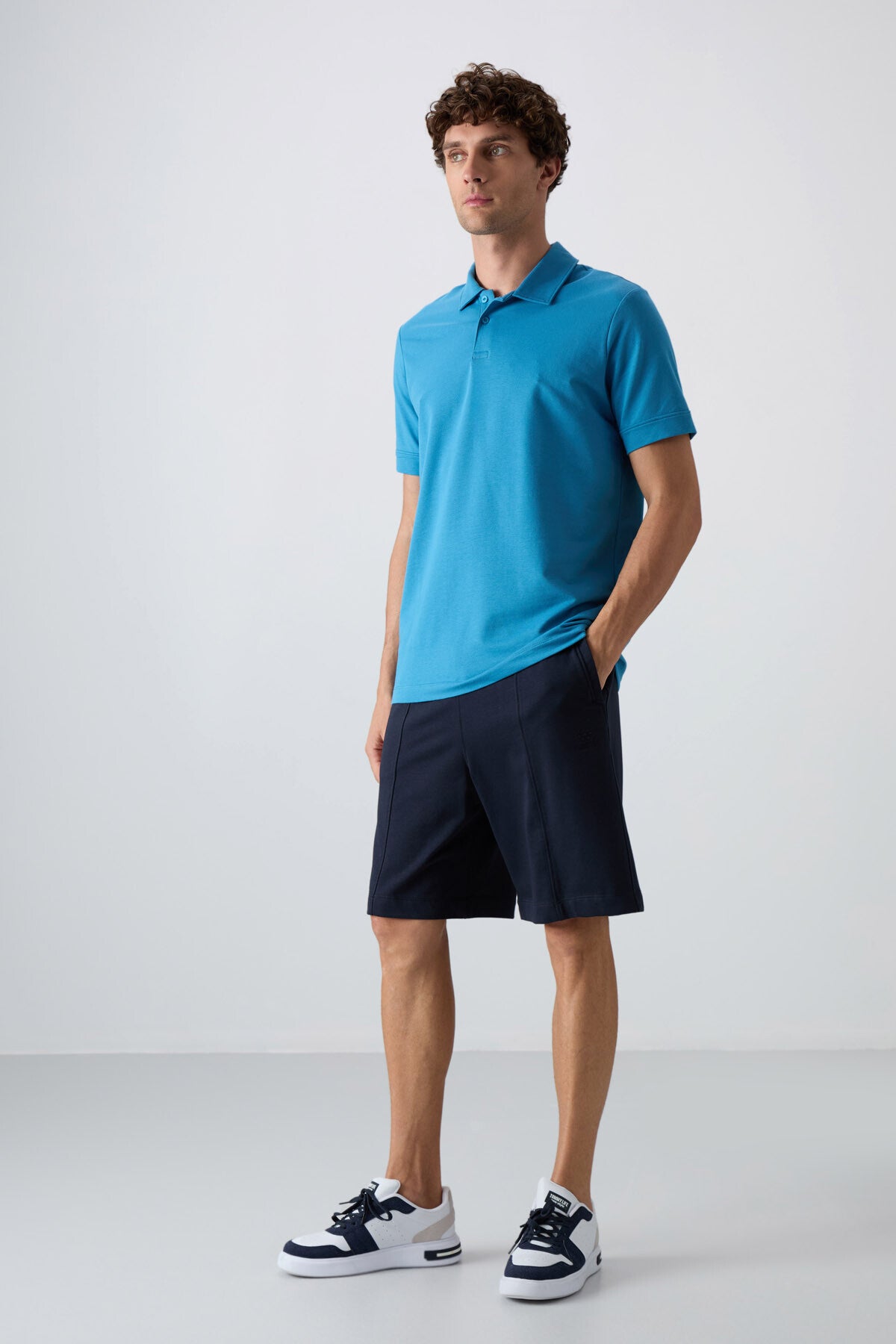 Petrol Blue Cotton Thick Soft Textured Standard Fit Basic Polo Collar Men's T-Shirt - 88351