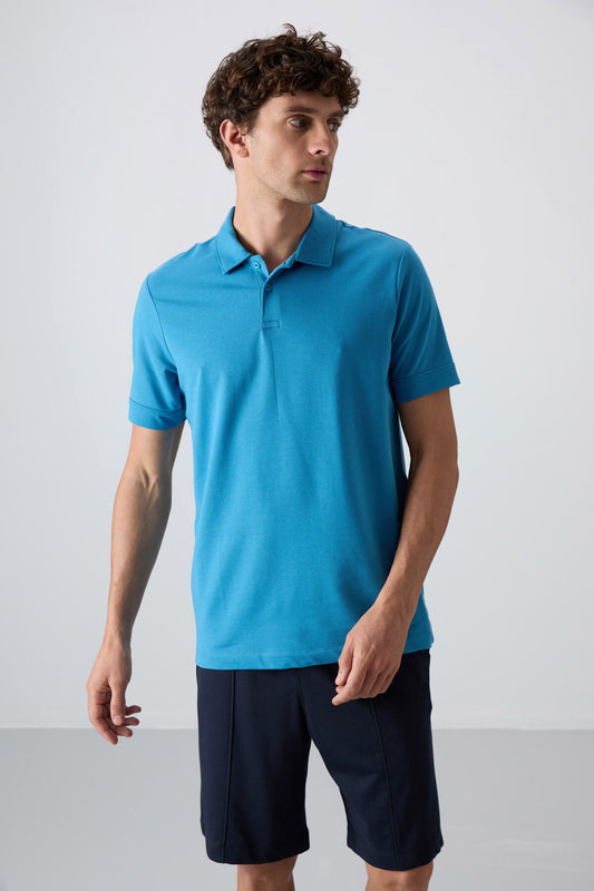 Petrol Blue Cotton Thick Soft Textured Standard Fit Basic Polo Collar Men's T-Shirt - 88351