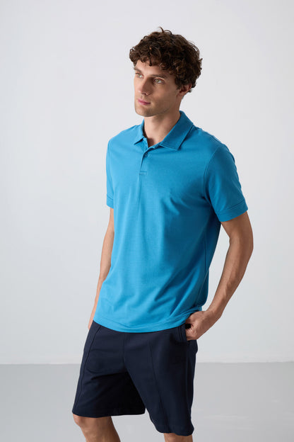 Petrol Blue Cotton Thick Soft Textured Standard Fit Basic Polo Collar Men's T-Shirt - 88351