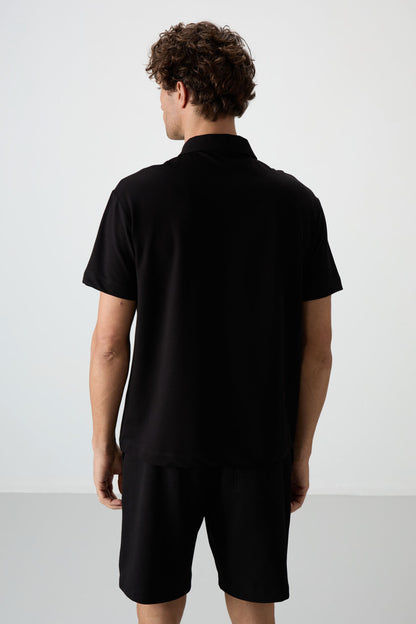 Black Cotton Thick Soft Textured Polo Collar Oversize Fit Basic Men's T-Shirt - 88381