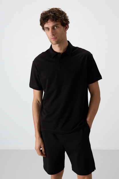 Black Cotton Thick Soft Textured Polo Collar Oversize Fit Basic Men's T-Shirt - 88381