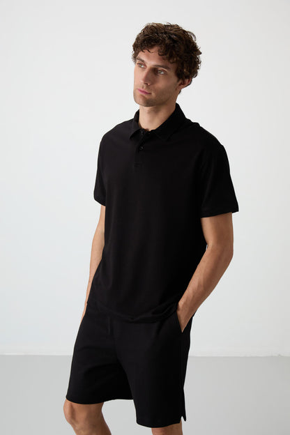 Black Cotton Thick Soft Textured Polo Collar Oversize Fit Basic Men's T-Shirt - 88381