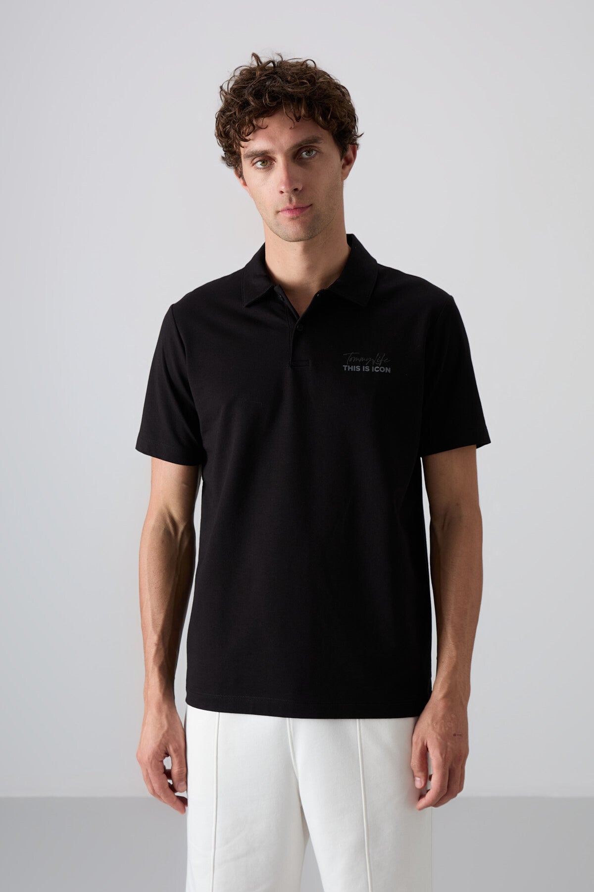 Black Cotton Thick Soft Textured Standard Fit Printed Polo Collar Men's T-Shirt - 88346
