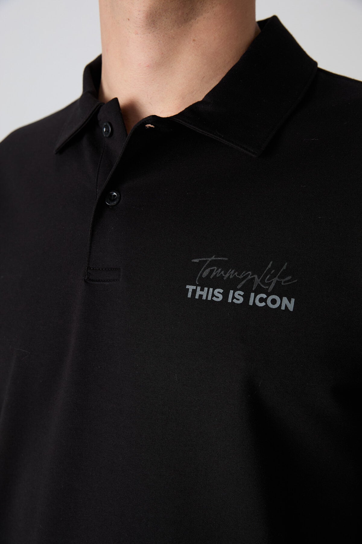 Black Cotton Thick Soft Textured Standard Fit Printed Polo Collar Men's T-Shirt - 88346