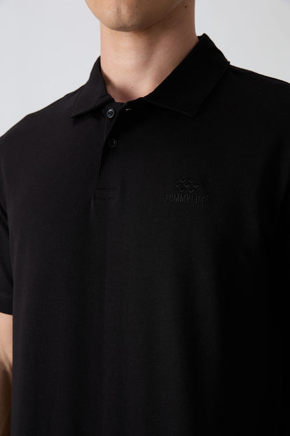 Black Cotton Thick Soft Textured Standard Fit Basic Polo Collar Men's T-Shirt - 88348