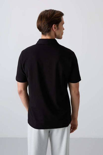 Black Cotton Thick Soft Textured Standard Fit Basic Polo Collar Men's T-Shirt - 88348