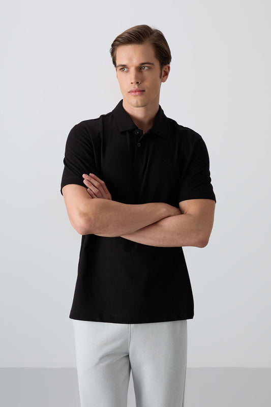 Black Cotton Thick Soft Textured Standard Fit Basic Polo Collar Men's T-Shirt - 88348