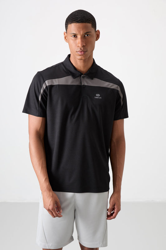 Black Polyester Breathable Textured Thin Flexible Standard Fit Polo Collar Men's Performance T-Shirt - 88392