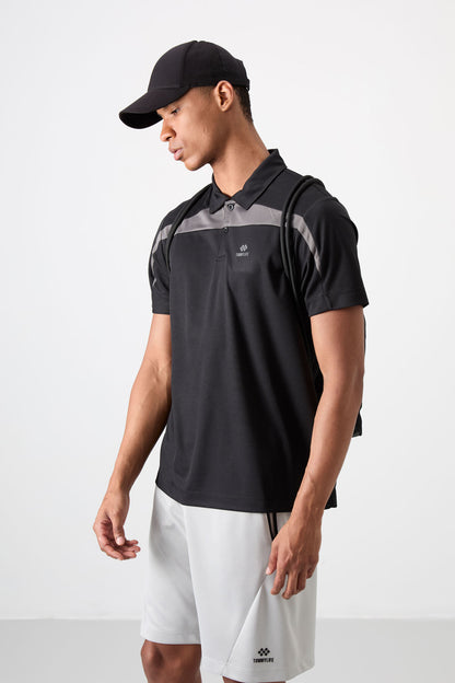 Black Polyester Breathable Textured Thin Flexible Standard Fit Polo Collar Men's Performance T-Shirt - 88392