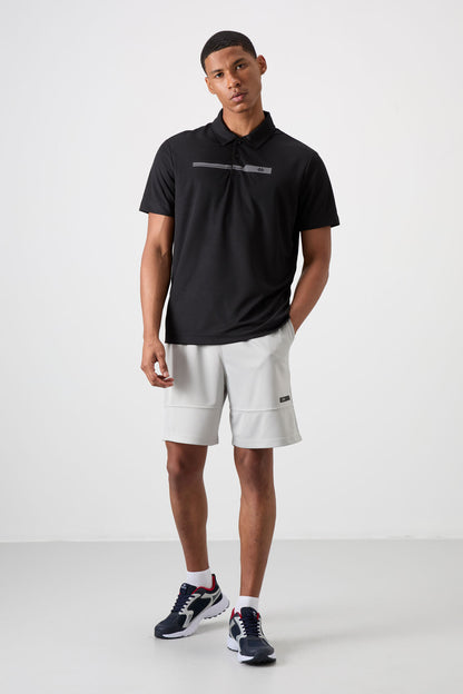 Black Polyester Breathable Textured Thin Flexible Standard Fit Polo Collar Men's Performance T-Shirt - 88393