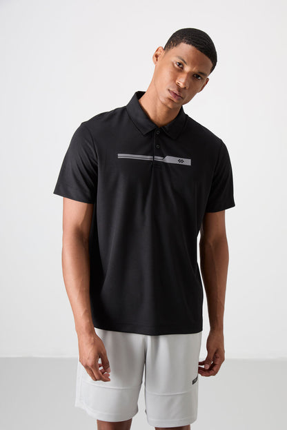 Black Polyester Breathable Textured Thin Flexible Standard Fit Polo Collar Men's Performance T-Shirt - 88393