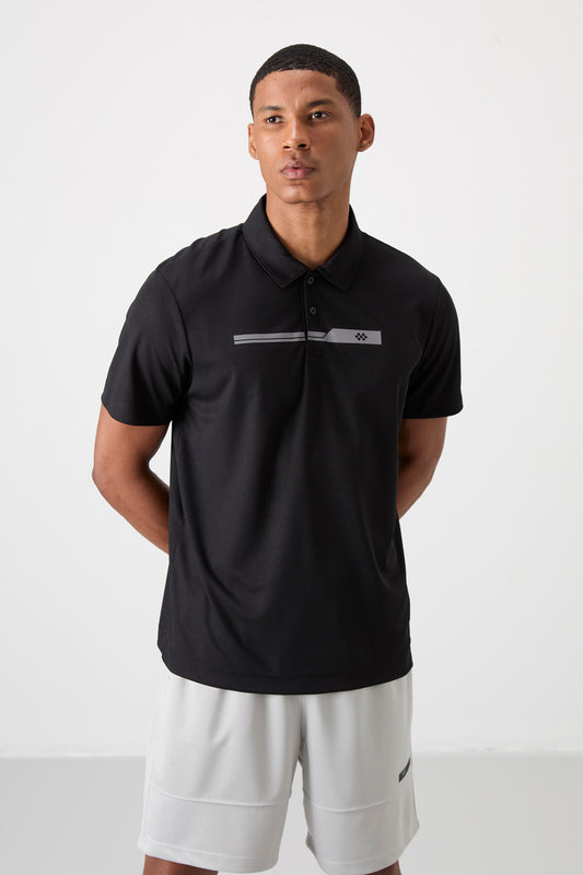 Black Polyester Breathable Textured Thin Flexible Standard Fit Polo Collar Men's Performance T-Shirt - 88393