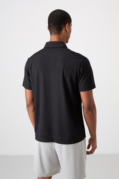 Black Polyester Breathable Textured Thin Flexible Standard Fit Polo Collar Men's Performance T-Shirt - 88393