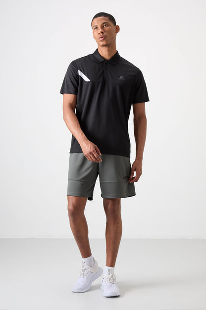 Black Polyester Breathable Textured Thin Flexible Standard Fit Polo Collar Men's Performance T-Shirt - 88402