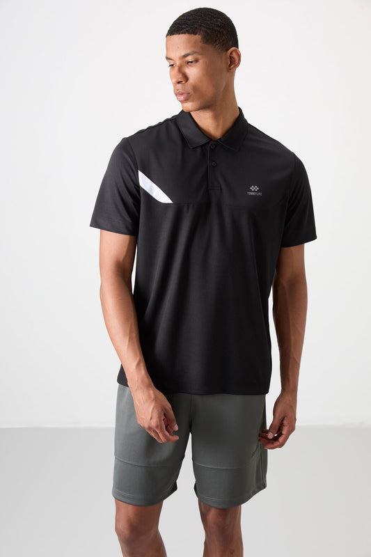 Black Polyester Breathable Textured Thin Flexible Standard Fit Polo Collar Men's Performance T-Shirt - 88402