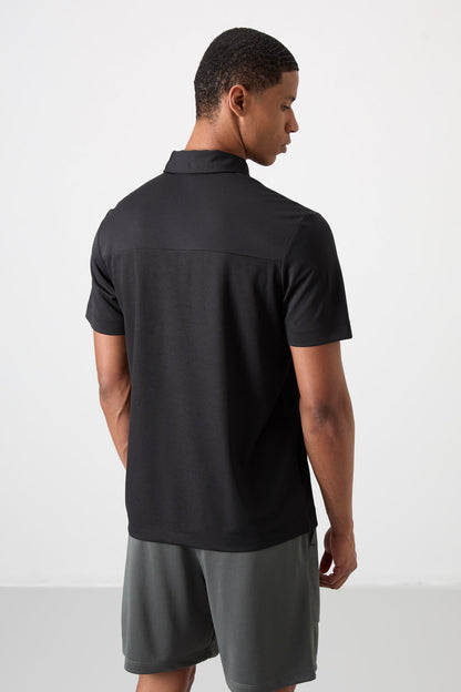 Black Polyester Breathable Textured Thin Flexible Standard Fit Polo Collar Men's Performance T-Shirt - 88402