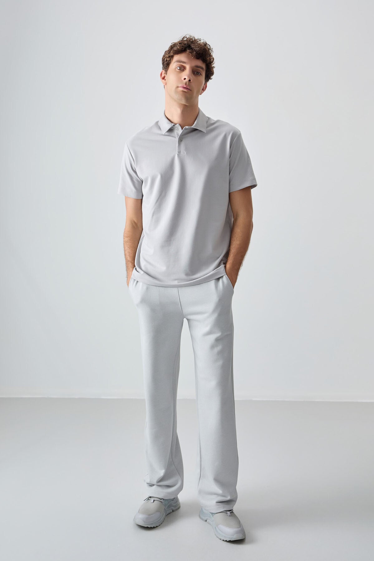 Stone Cotton Thick Soft Textured Polo Collar Oversize Fit Basic Men's T-Shirt - 88381