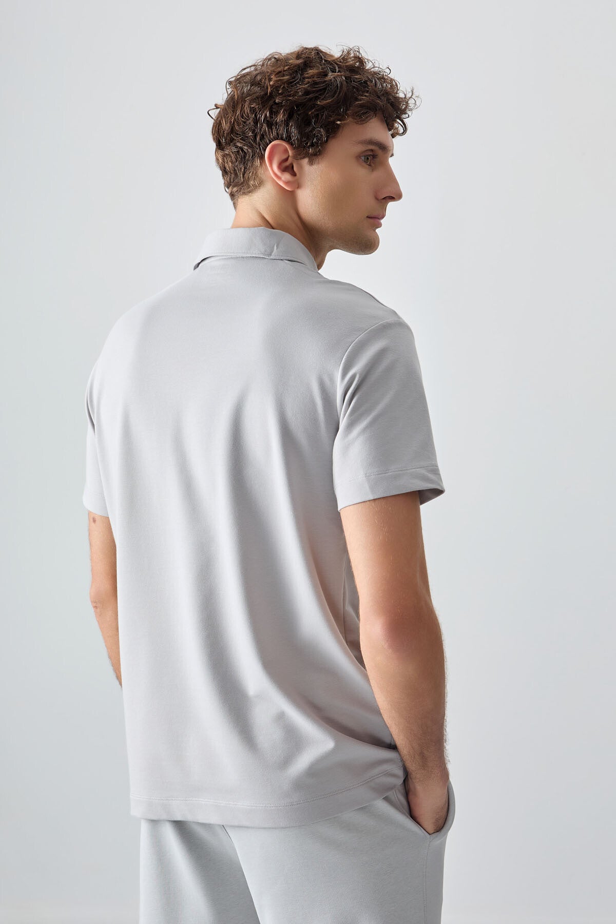 Stone Cotton Thick Soft Textured Polo Collar Oversize Fit Basic Men's T-Shirt - 88381