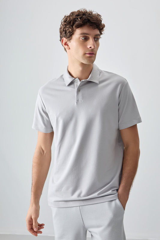 Stone Cotton Thick Soft Textured Polo Collar Oversize Fit Basic Men's T-Shirt - 88381