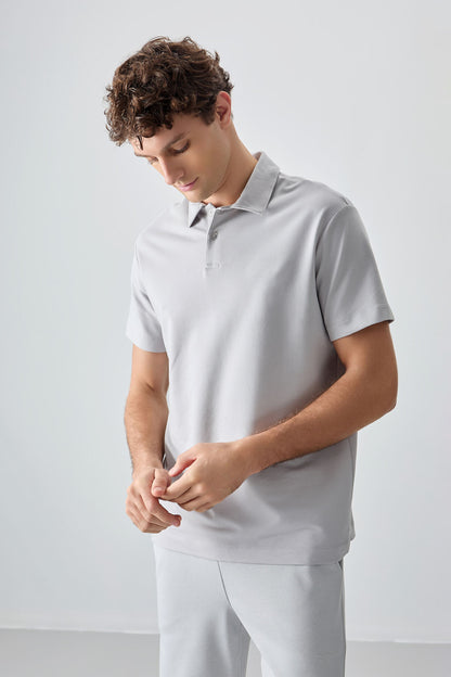 Stone Cotton Thick Soft Textured Polo Collar Oversize Fit Basic Men's T-Shirt - 88381