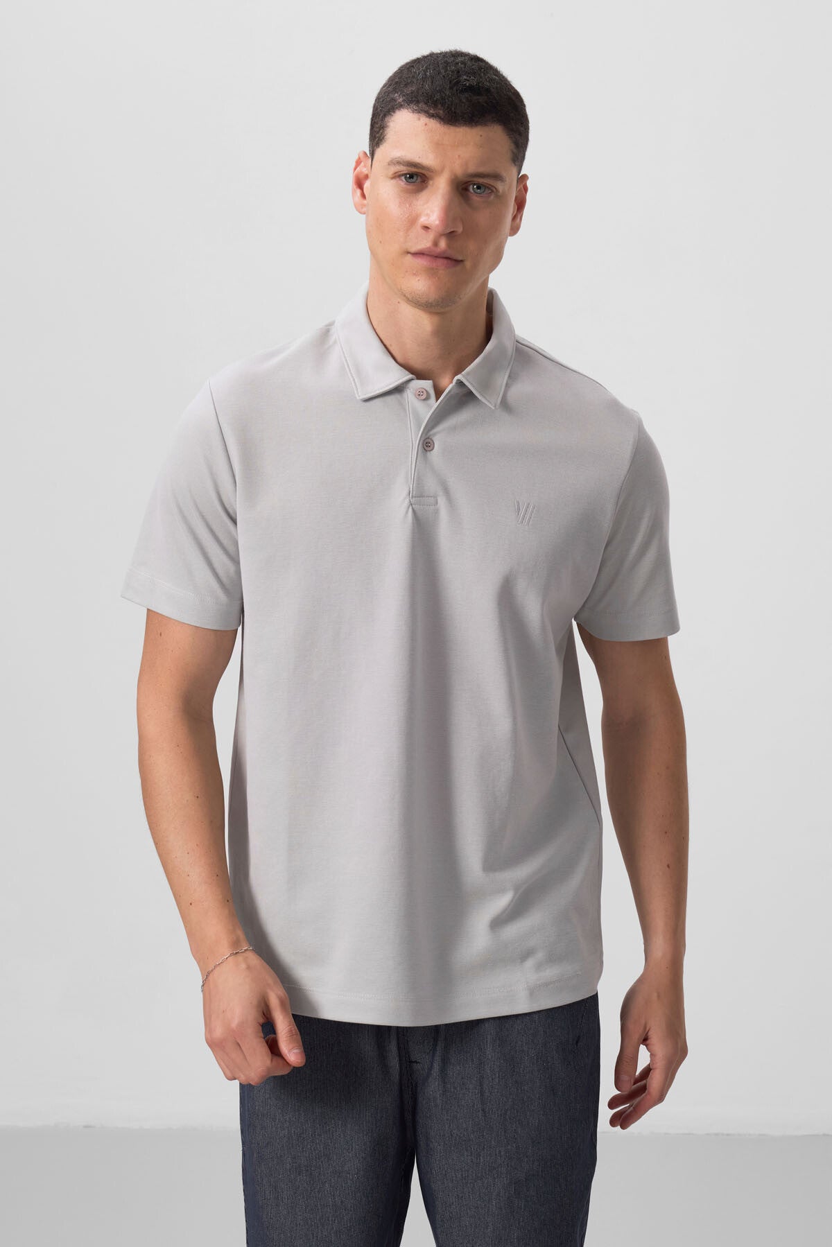 Stone Basic Chest Logo Standard Fit Knitted Polo Collar Men's T-Shirt - 87768