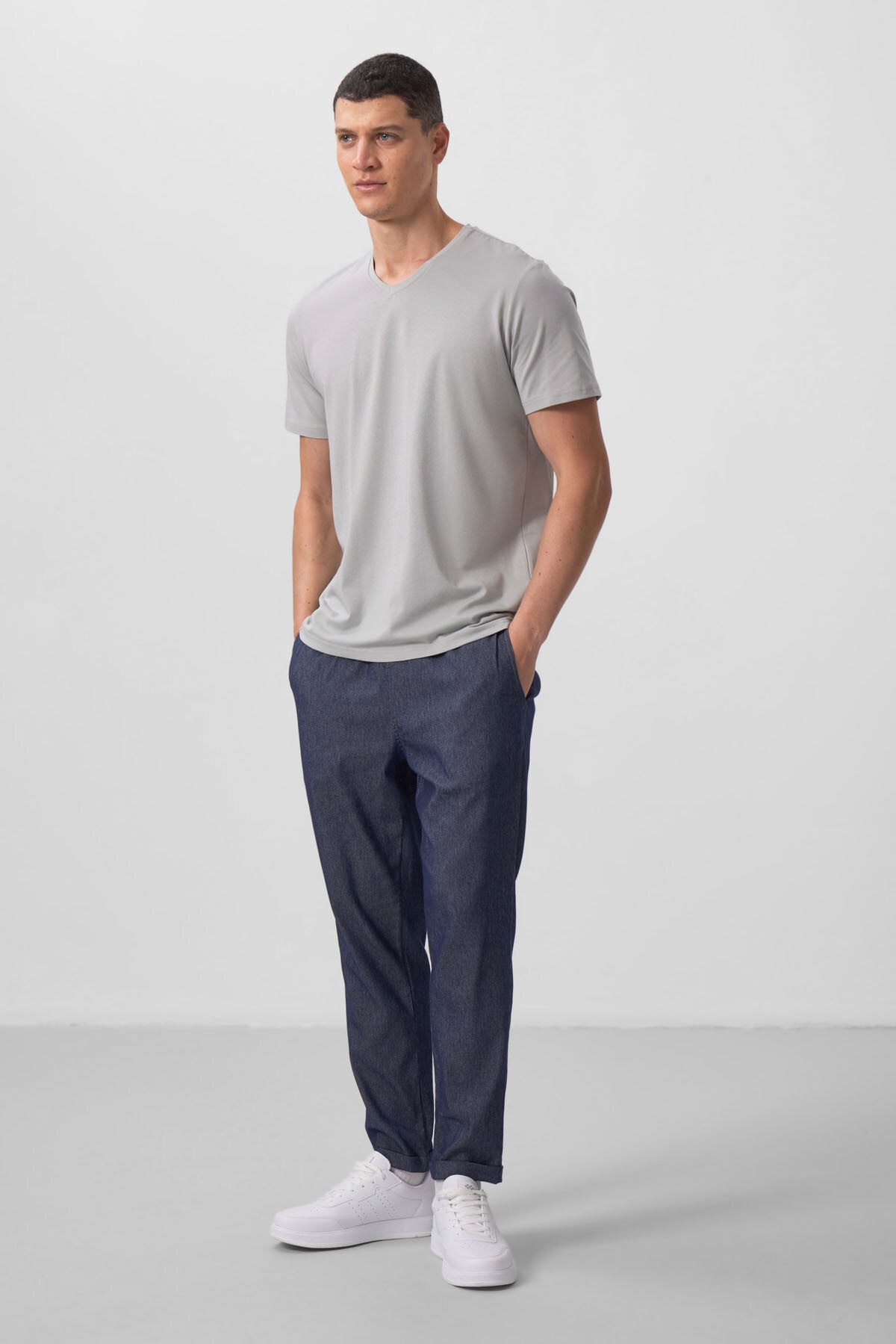 Stone Basic Short Sleeve Standard Fit V Neck Men's T-Shirt - 87912