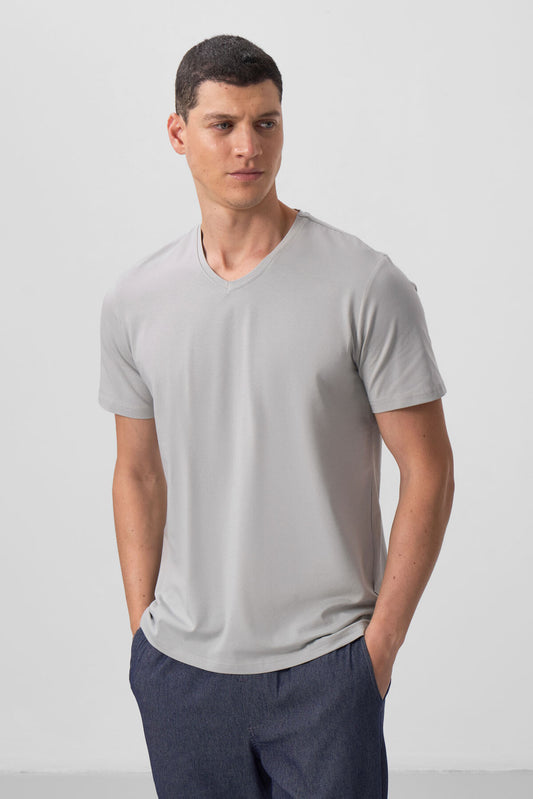 Stone Basic Short Sleeve Standard Fit V Neck Men's T-Shirt - 87912