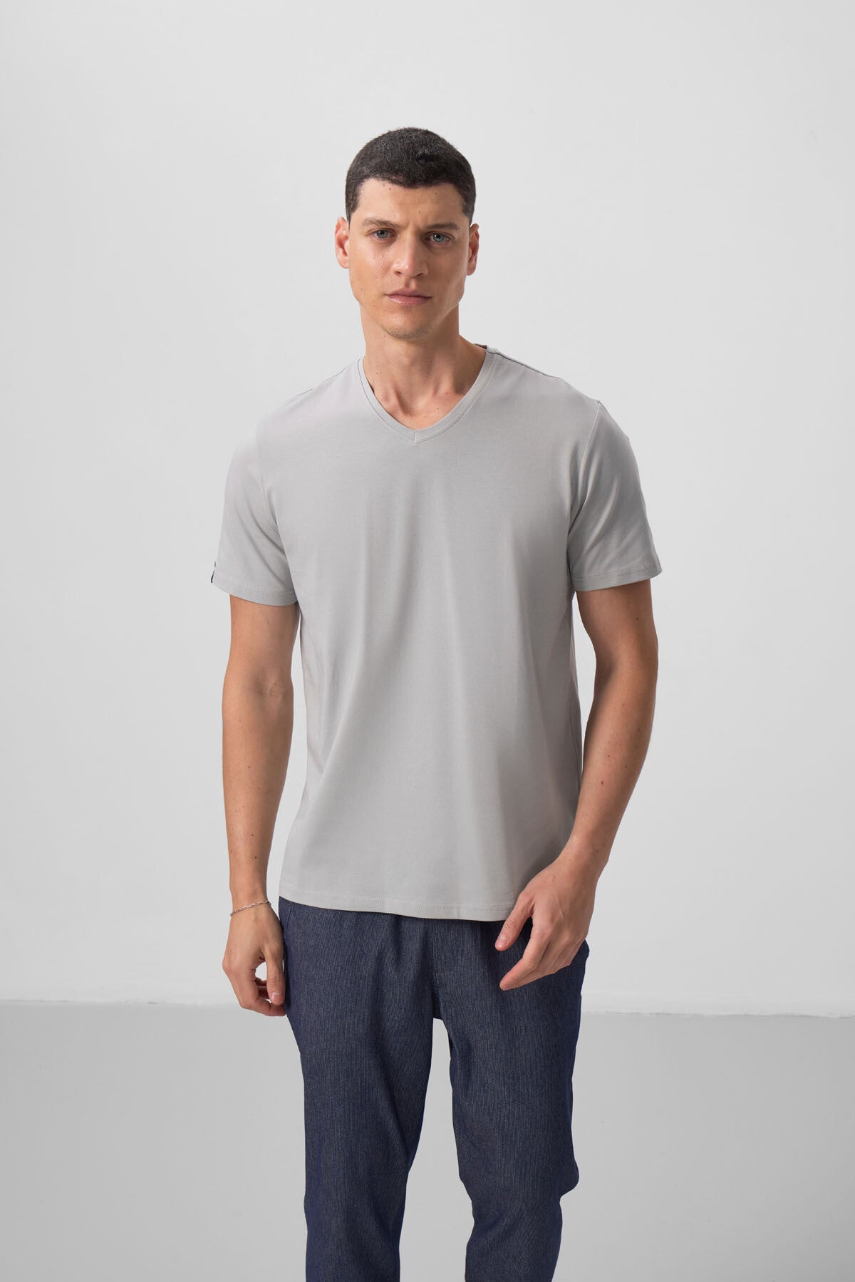 Stone Basic Short Sleeve Standard Fit V Neck Men's T-Shirt - 87912