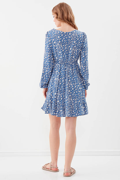 V COLLAR DRESS WITH FLOWER PATTERN SKIRT