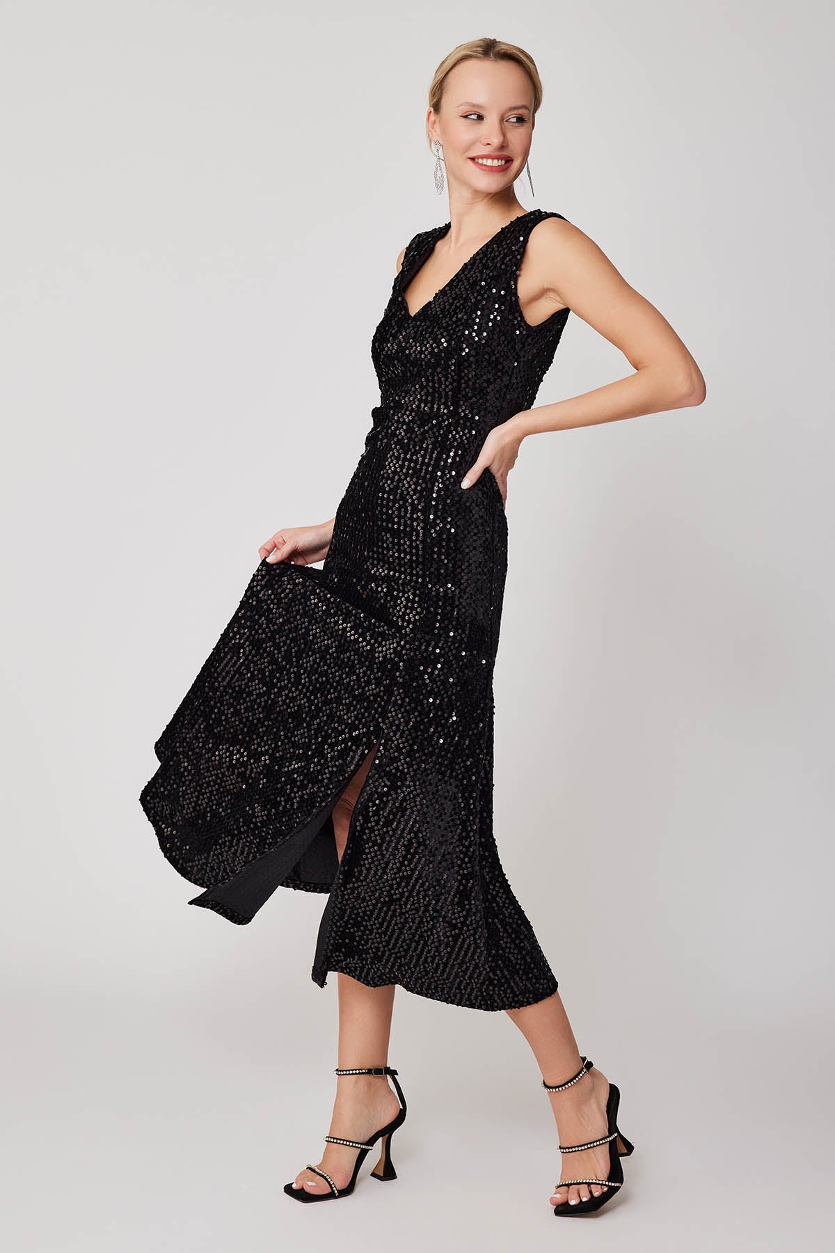 SKIRT TIP SPLIT V COLLAR STAMP LONG DRESS