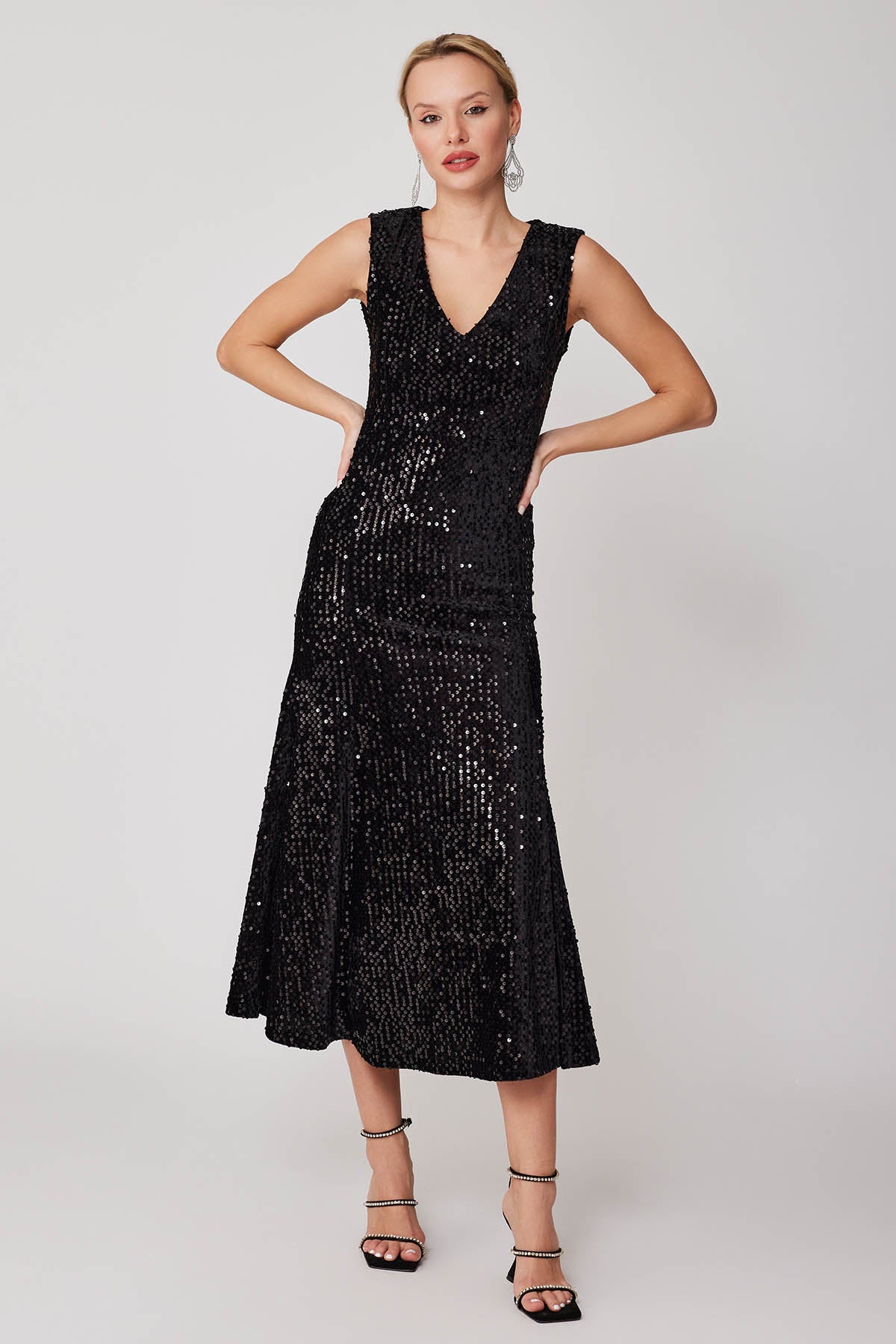 SKIRT TIP SPLIT V COLLAR STAMP LONG DRESS