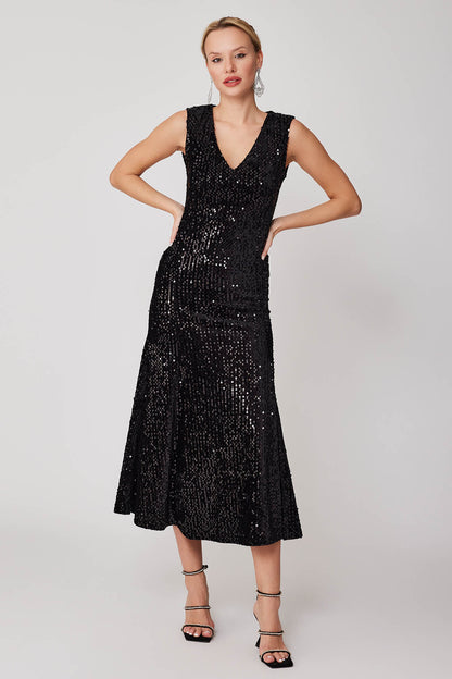 SKIRT TIP SPLIT V COLLAR STAMP LONG DRESS