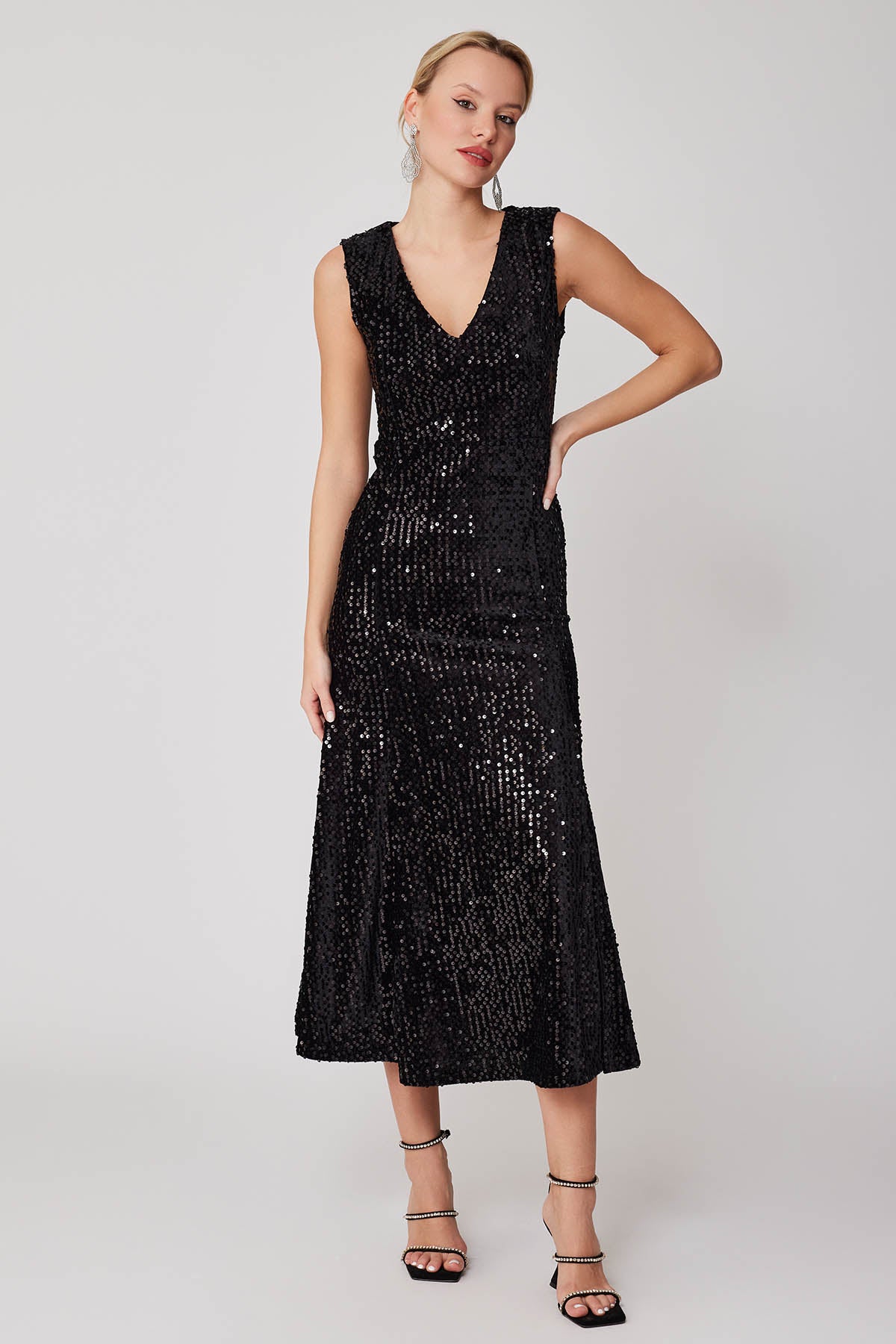 SKIRT TIP SPLIT V COLLAR STAMP LONG DRESS